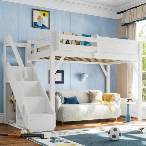 [Bellemave]Twin/Full Size Loft Bed with Built-in Wardrobe and Storage Space, Solid Wood Loft Bed with Beside Shelves, Full-length Guardrails and Stairs, No Box Spring Needed, Gray