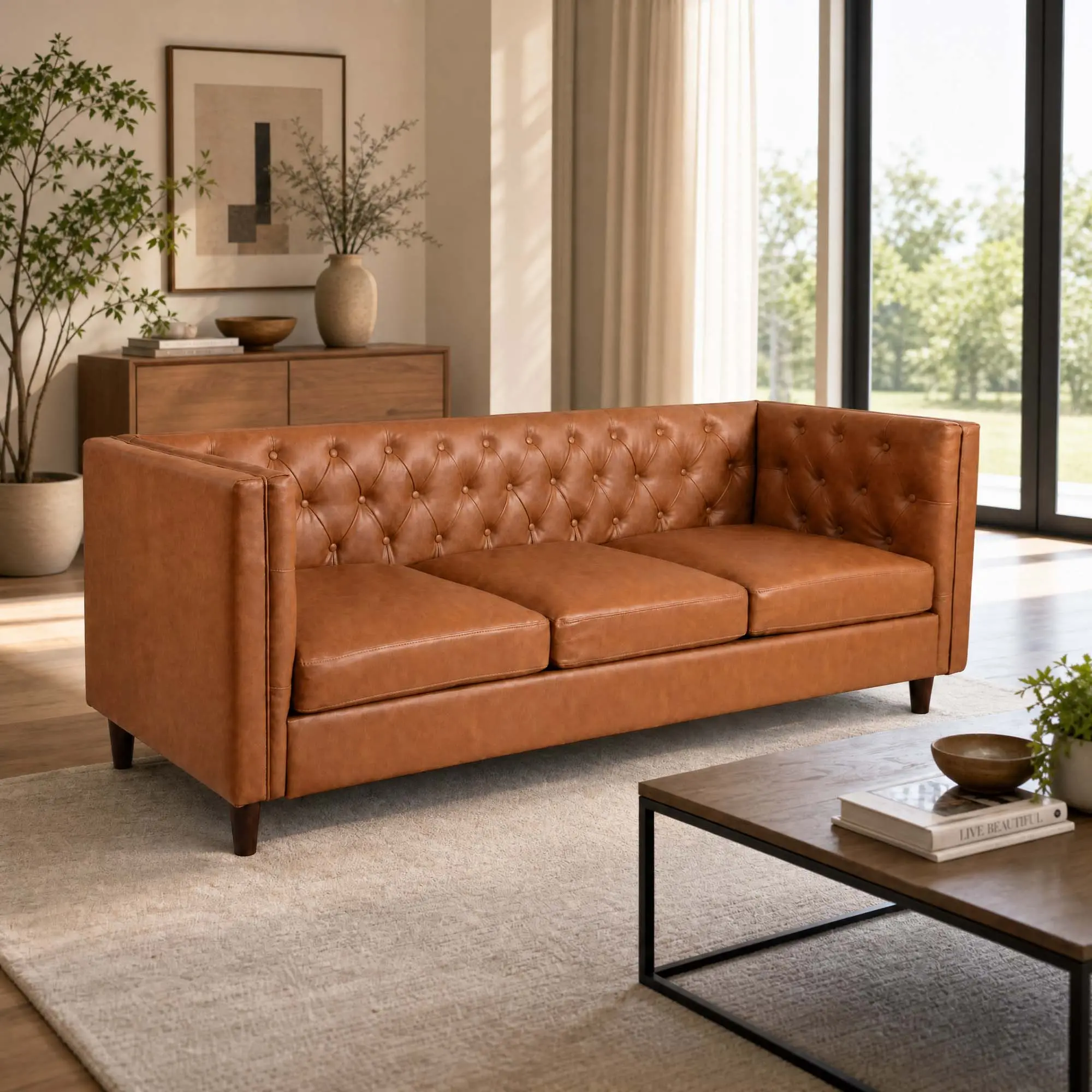 Handmade Button Tufted Chesterfield Sofa - 81" Mid Century Modern 3-Seater Couch - Deep Seat, Wooden Armrest, Comfortable Living Room or Office Furniture
