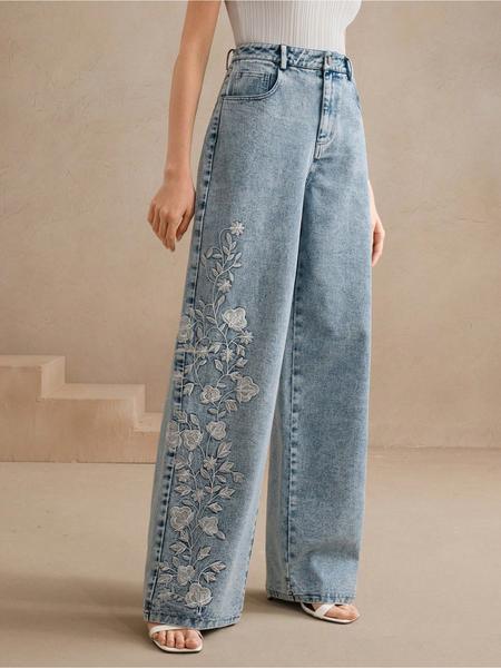 Women's embroidered, personalized, washable straight-leg denim, elastic, comfortable and versatile denim trousers