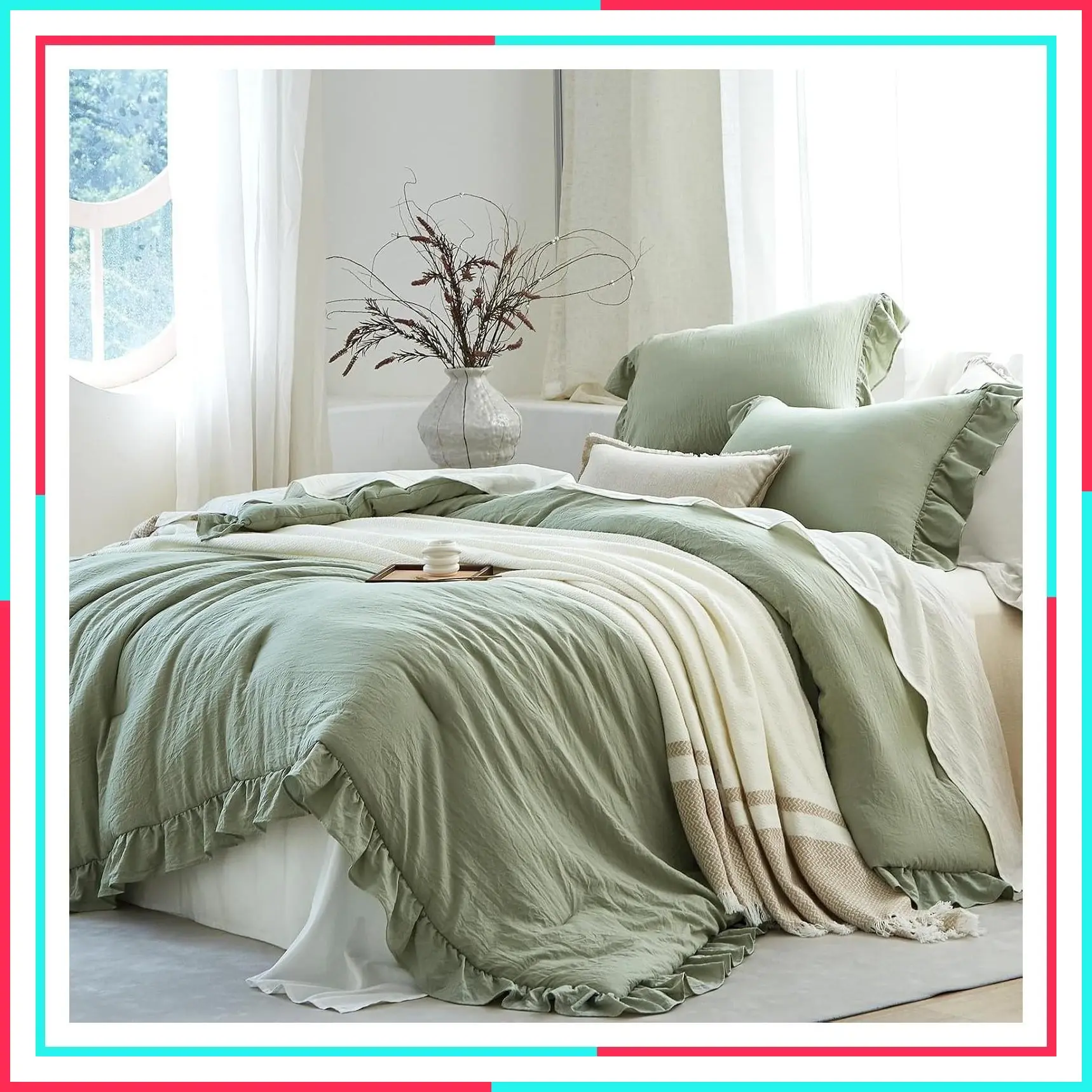 Sage Green Ruffle 3-Piece Queen Comforter Set - Shabby Chic Pre-Washed Lightweight Cottagecore Soft Cozy All-Season Bedding, 1 Comforter & 2 Shams