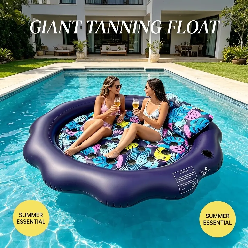 Round Edge Inflatable Sunbathing Pool, 77x77 Inch Thick PVC with Pillow and Drink Holder, Outdoor Floating Lounge Chair, Summer Essential, Swim Ring, Swimming Ring, Pool Floater, Pool Floatie