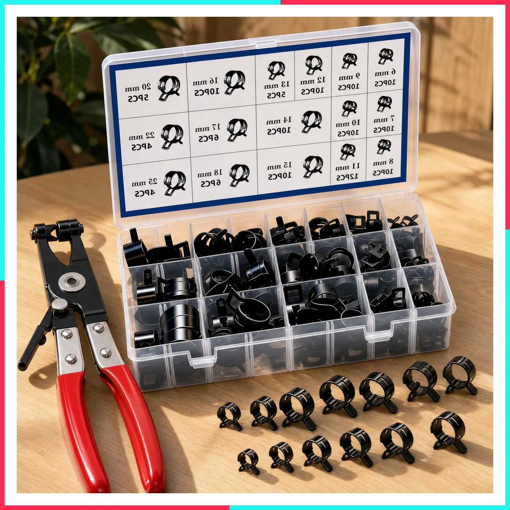 132Pcs 6-25mm Spring Hose Clamps with Hose Clamp Pliers, Black Automotive Fuel Silicone Vacuum Hose Pipe Low Pressure Air Clip Clamps