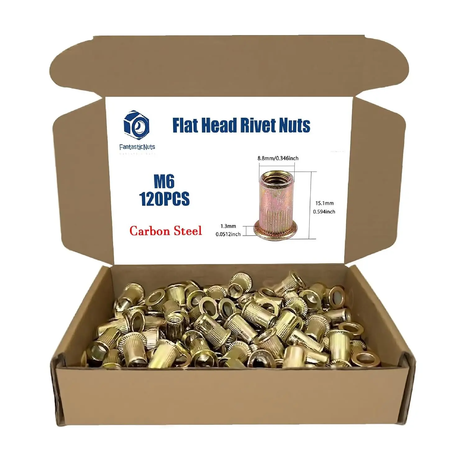 120 count M6 x 1.0 Rivet Nuts, Made of Carbon Steel with a zinc-Plated Finish, Featuring a Flat  and Threaded Insert knurled Nutsert Kit