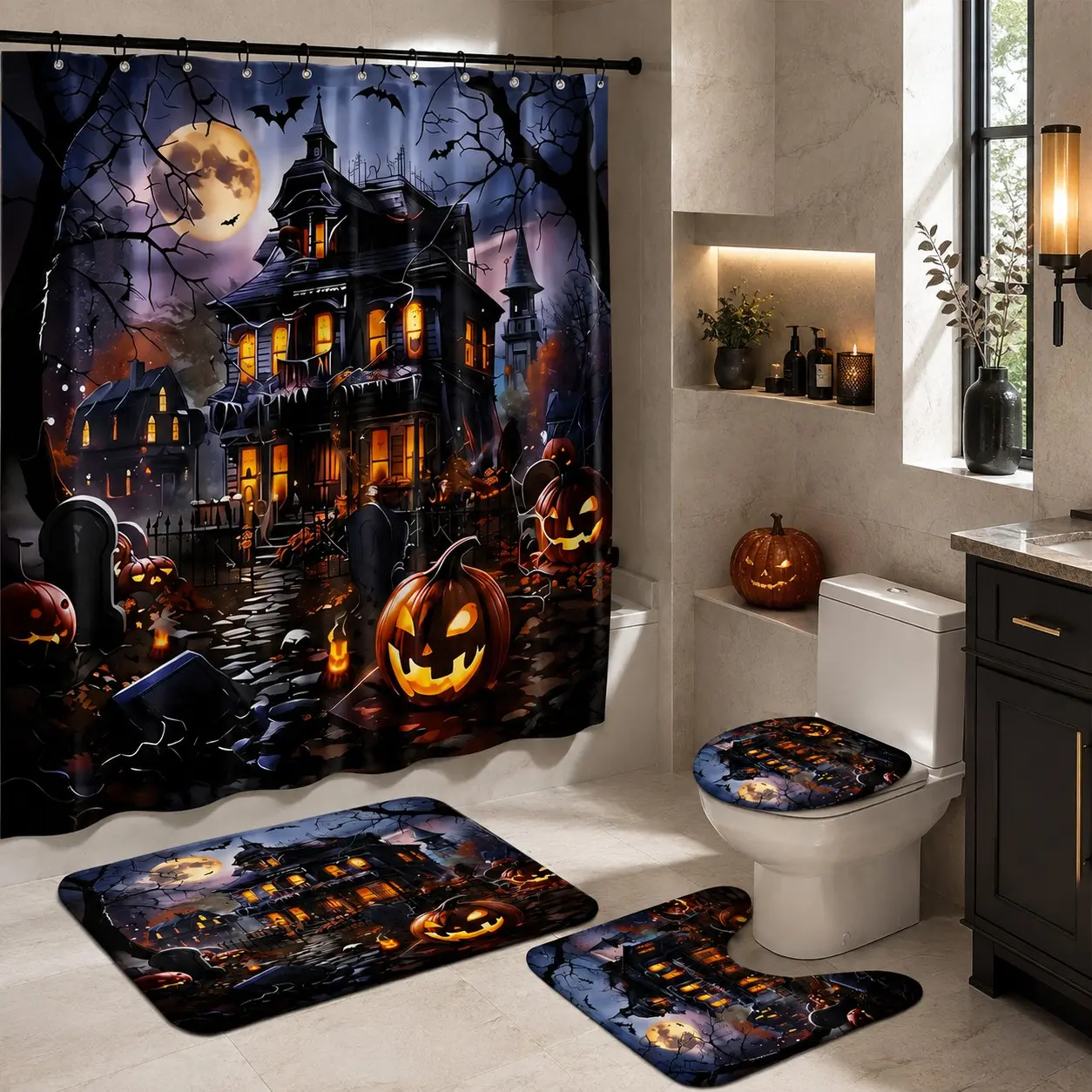 4pcs Halloween Haunted House Shower Curtain Set, Spooky Pumpkin Jack-O-Lantern, Gothic Bathroom Decor, Witchy Horror Festival Home Decor