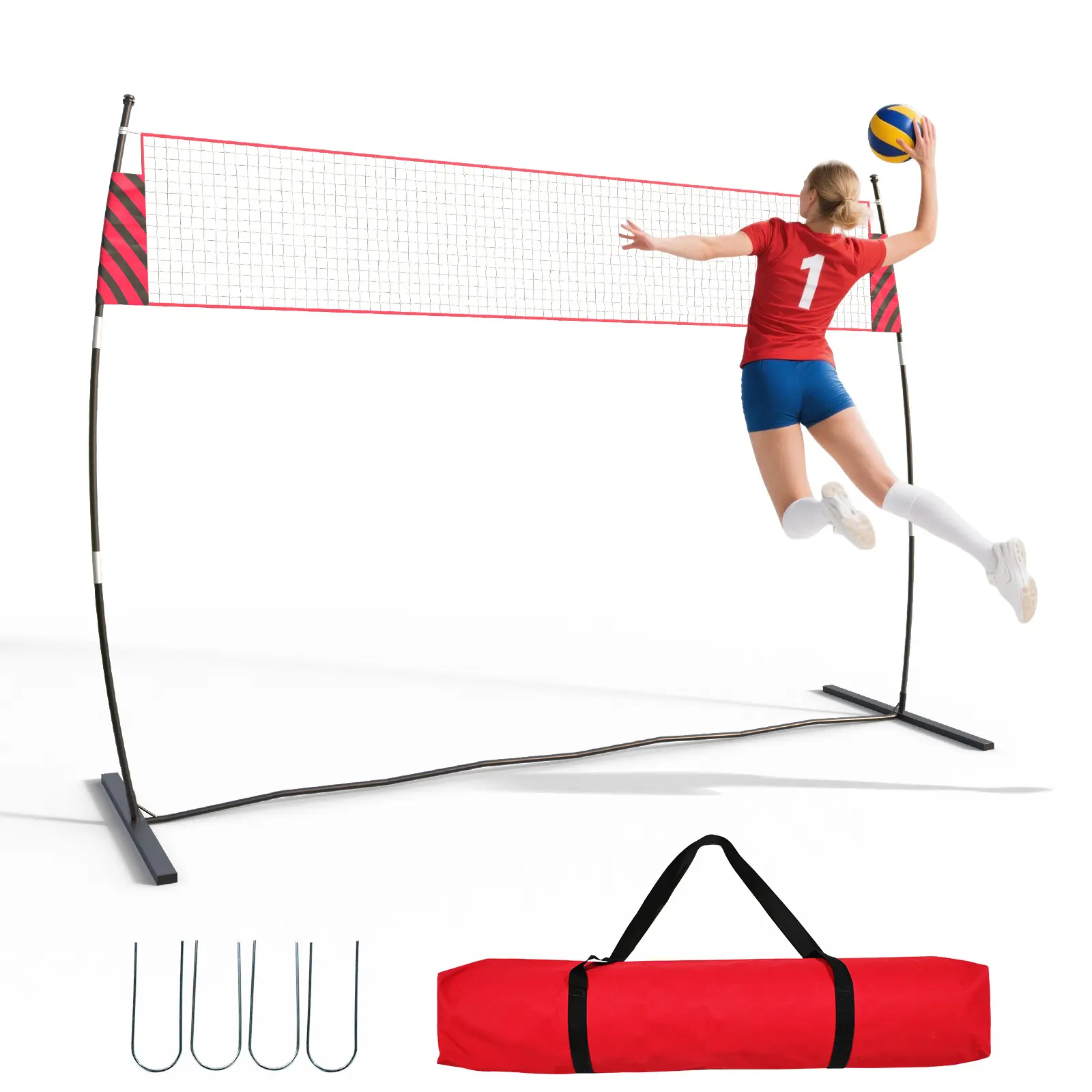 Adjustable & Portable Volleyball Net System – 32ft Freestanding Training Set with Height Adjustment (7.4'-8'), Includes Ball, Pump, Carry Bag, Ground Stakes, Heavy-Duty Outdoor Net for Backyard, Beach, Park, Indoor