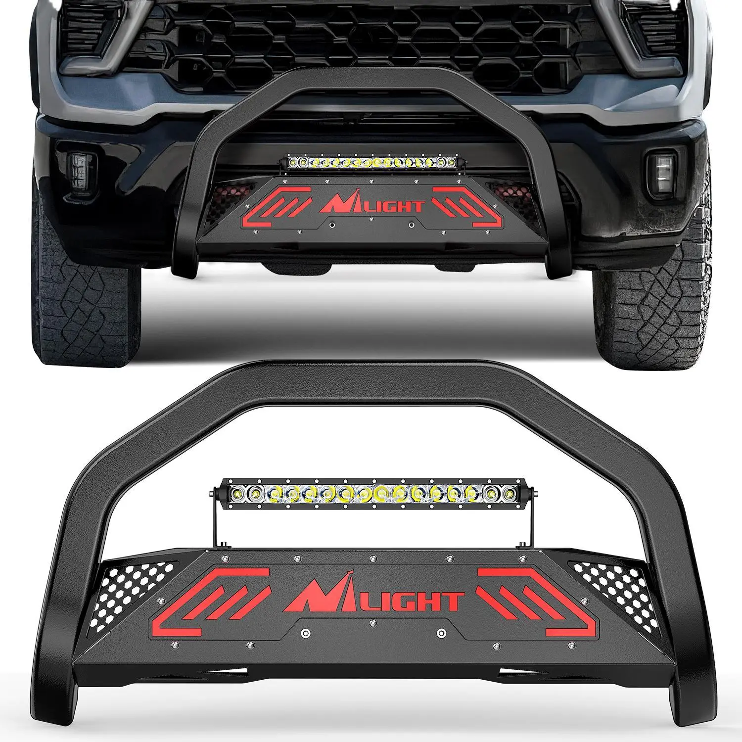 Nilight 17-in LED Integrated Bull Bar with LED Lights, Front Bumper Grille Brush Push Guard Protector, Skid Plate, License Plate Hole, Fits 2019-2024 Chevy Silverado 1500 (Excl. 19 LTD Classic), GMC Sierra 1500 (Excl. 19 LTD Classic), 1 Row Of Leds, 17 In
