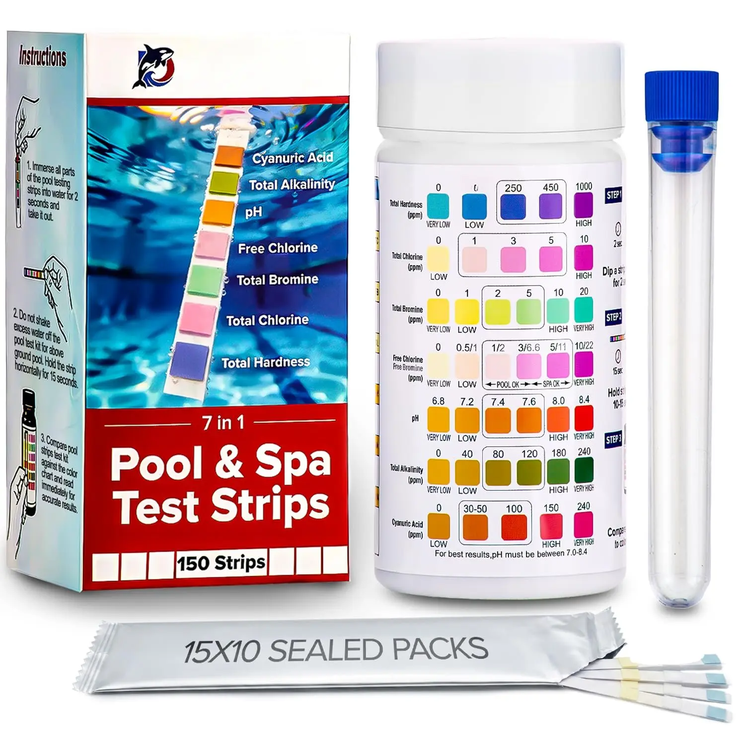 150  Test Strips for Inground  & Above Ground  // 7-in-1 Accurate  Water Test Strips // Full   Test Kit: Chlorine, pH Strips & 5  //  Strips Ideal for Hot Tub &