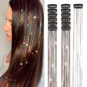 Hair Tinsel 12Pcs Clip in Rainbow Hair Accessories 20.5 Inch Fairy Hair Tinsel Kit for Women Girls Glitter Extensions for Christmas Halloween New Year Party (Rainbow)