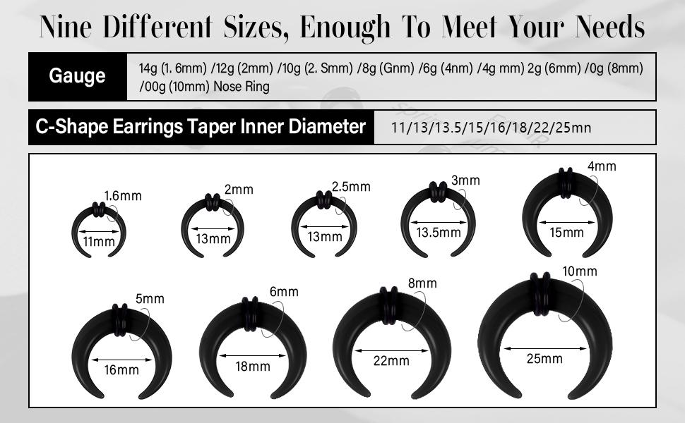 9 Pairs Pincher Tapers Septum Rings, Acrylic Buffalo Horseshoe Stretcher Expander Piercing Kit for Stretching Pierced Nose Ear Gauge 9 Size 14G - 00G