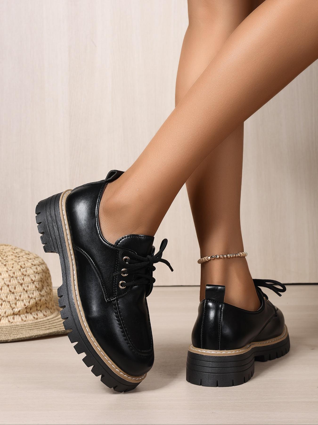 Women's Fashionable Solid Color Lace Up Loafers, Casual Comfortable Round Toe Office Commuting Shoes for Daily Wear, Lightweight Breathable Shoes for Women & Girls, Closed, Casual Business Shoes