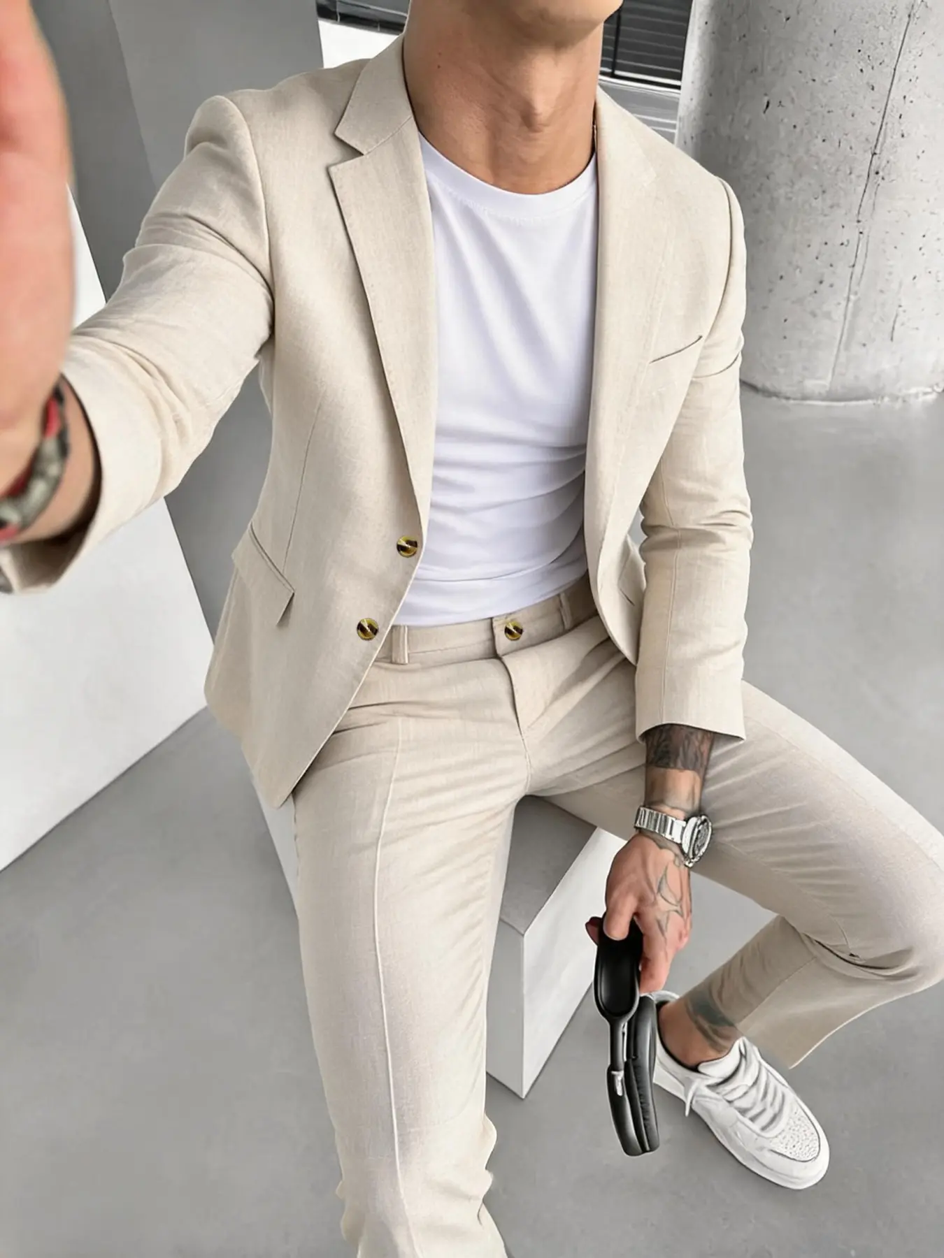 Men's Solid Color Suit Set, Slim Fit Breathable Business Blazer & Pants for Work Office, Menswear for All Seasons