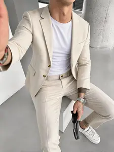 Men's Solid Color Suit Set, Slim Fit Formal Casual Comfy Breathable Business Blazer & Pants for Work Office, Men's Clothing for All Seasons, Menswear