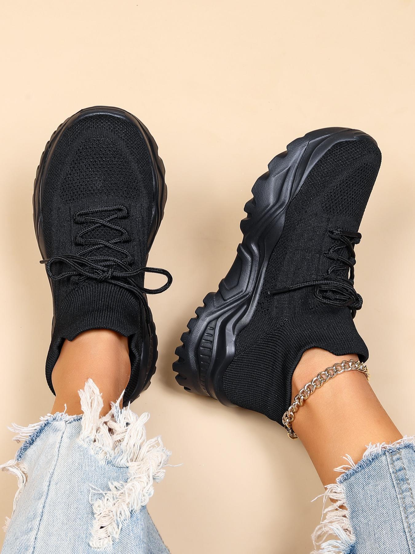 Women's Low Top Sports Running Shoes, Casual Outdoor Sports Walking Shoes, Knit Breathable Chunky Sneakers, Lace up Front Sneakers, Sporty Running Shoes