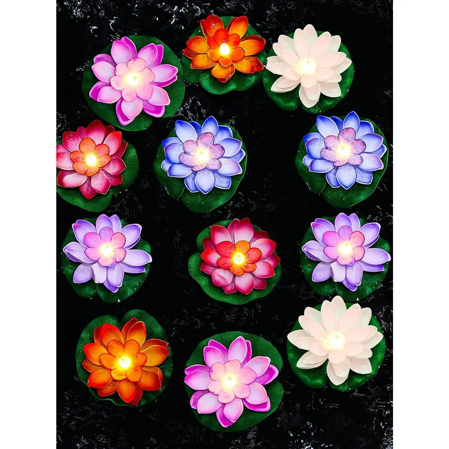 12 Pcs Floating Lotus Lights with Batteries Lily Pads Pool Flowers Diwali Pooja Decorations Floating Candles Decor for Pool Pond Outdoor Indoor(5.91 Inch,Multicolor)