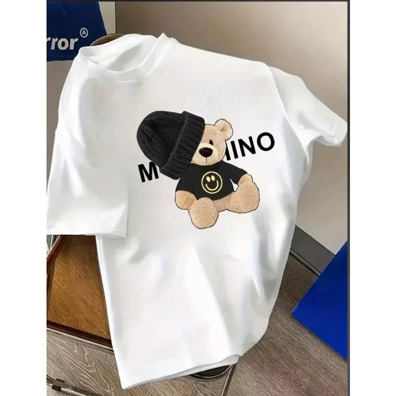 Soft Comfort Crew Neck Women T-Shirt, Teddy Bear Letter Print Casual Short Sleeve Tops For Spring Summer, Anniversary, Customized