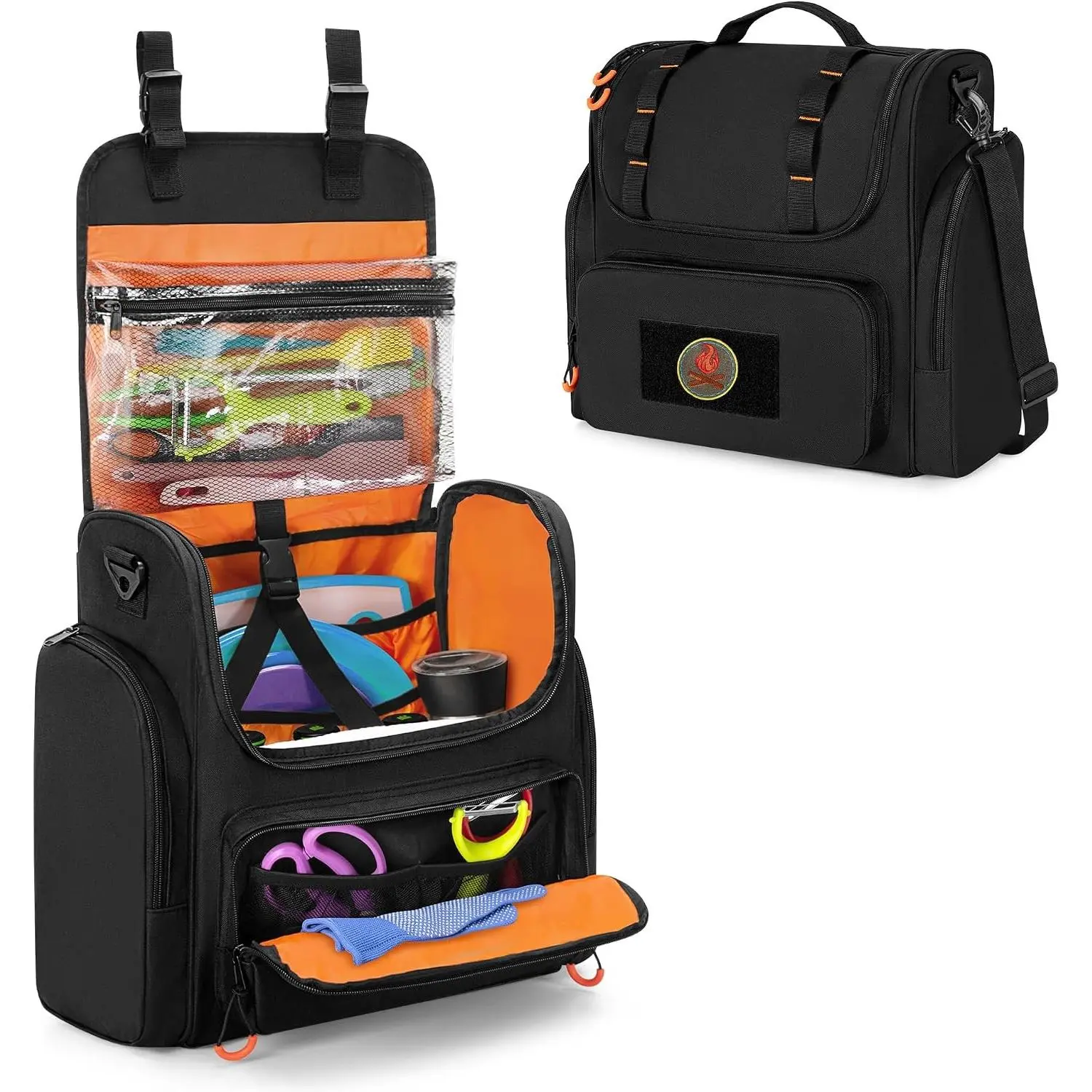 Tactical Camp Kitchen Organizer, Large Camping Utensil Storage Bag with Paper Towel Holder & Multi Pockets, Hanging Cookware Caddy for Outdoor BBQ Cooking Essentials, Bag Only