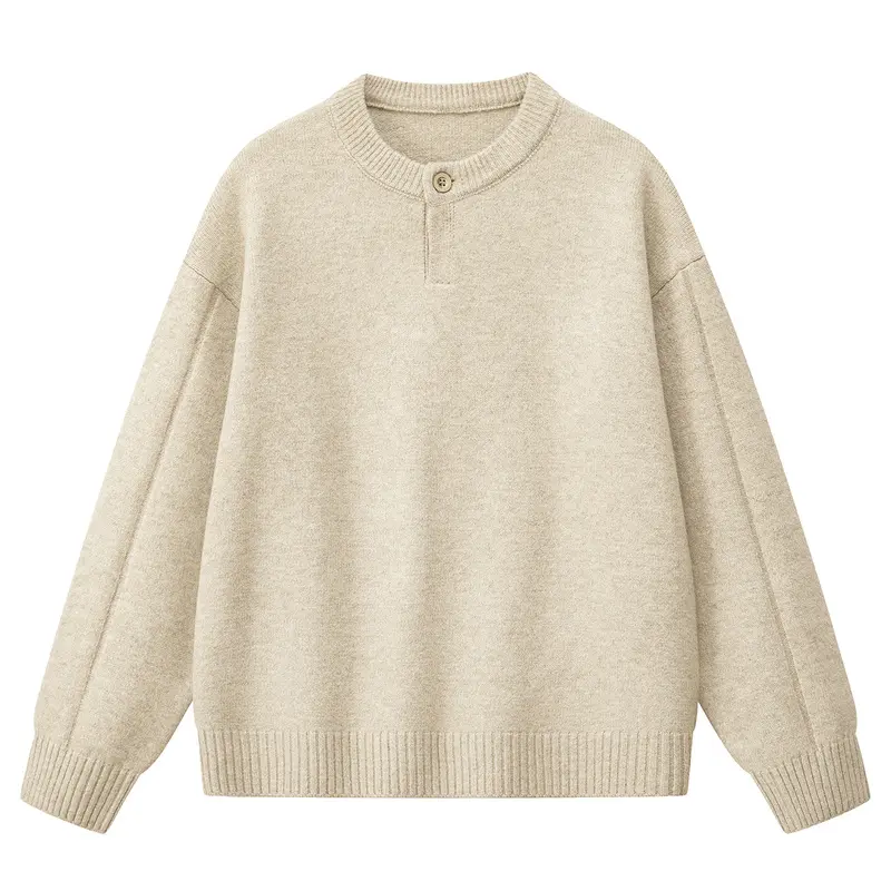 Men's Oat Knit Long Sleeve Henley Pullover - Menswear, Relaxed Fit Drop Shoulder, 1-Button Crew Neck Placket, Simple Plain Design, Ribbed Cuffs & Hem, Soft Thick Fabric, Medium Length, Machine Washable for Cool Weather Daily Wear