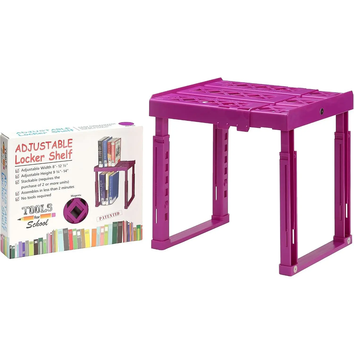 Heavy Duty Adjustable Stackable Locker Shelf, Height 9 3/4'' to 14'', Width 8'' to 12 1/2'', Holds 40 lbs per Shelf, Single Magenta