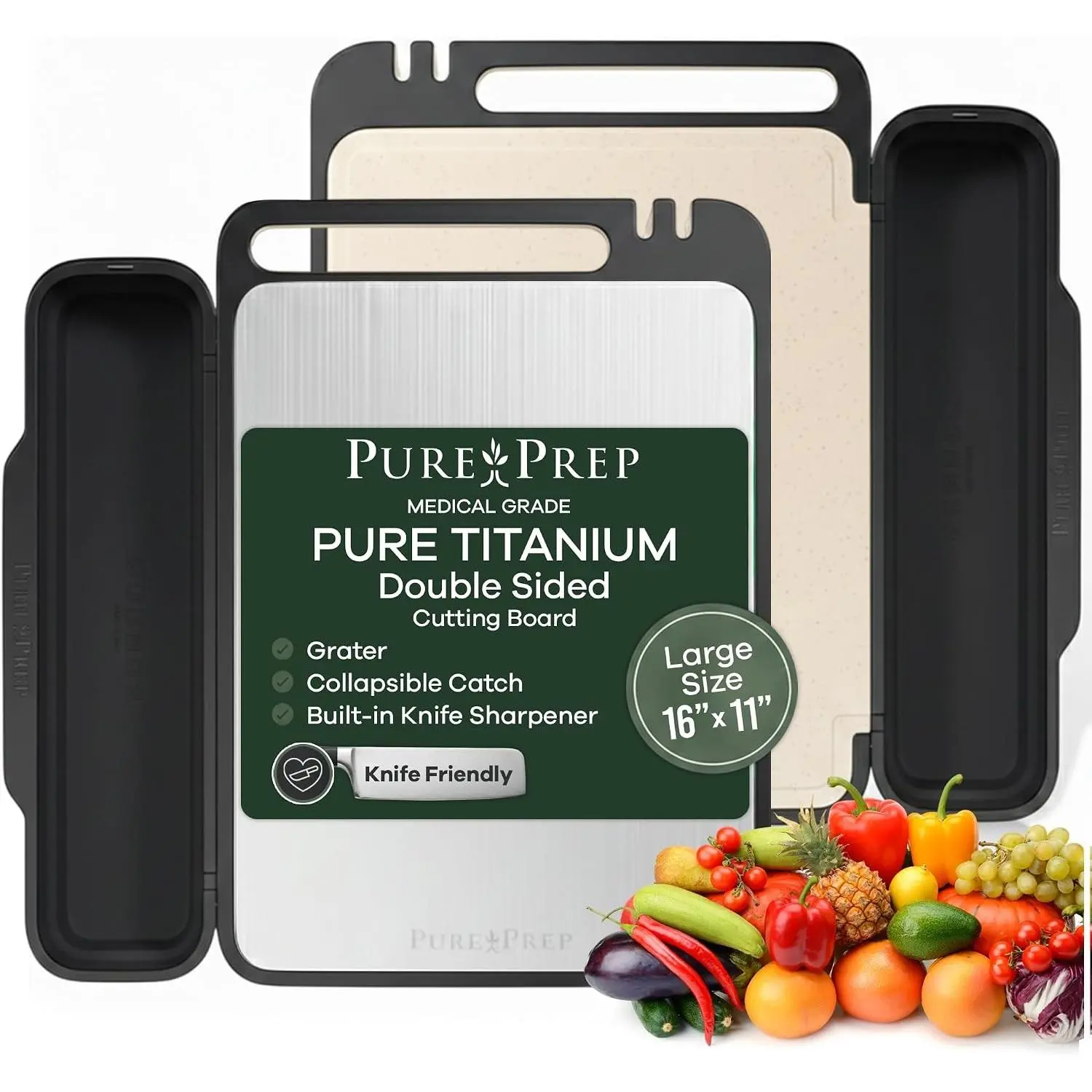 Titanium Cutting Board with Double-Sided Wheat Straw PP Kitchen Use - 16x11 | Titanium Cutting Boards, Chopping Board, Bacteria Resistant, Collapsible Catch, Grater, Knife Sharpener, Healthy, Large
