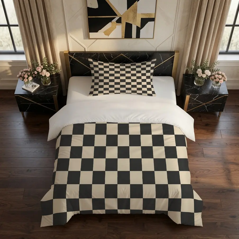 2/3Pcs Black Beige Checkerboard Duvet Cover Set (1 Duvet + 1/2 Pillowcases, No Inserts), Modern Minimalist Digital Print Bedding, Perfect for Bedroom Farmhouse Decor & Holiday Gifts