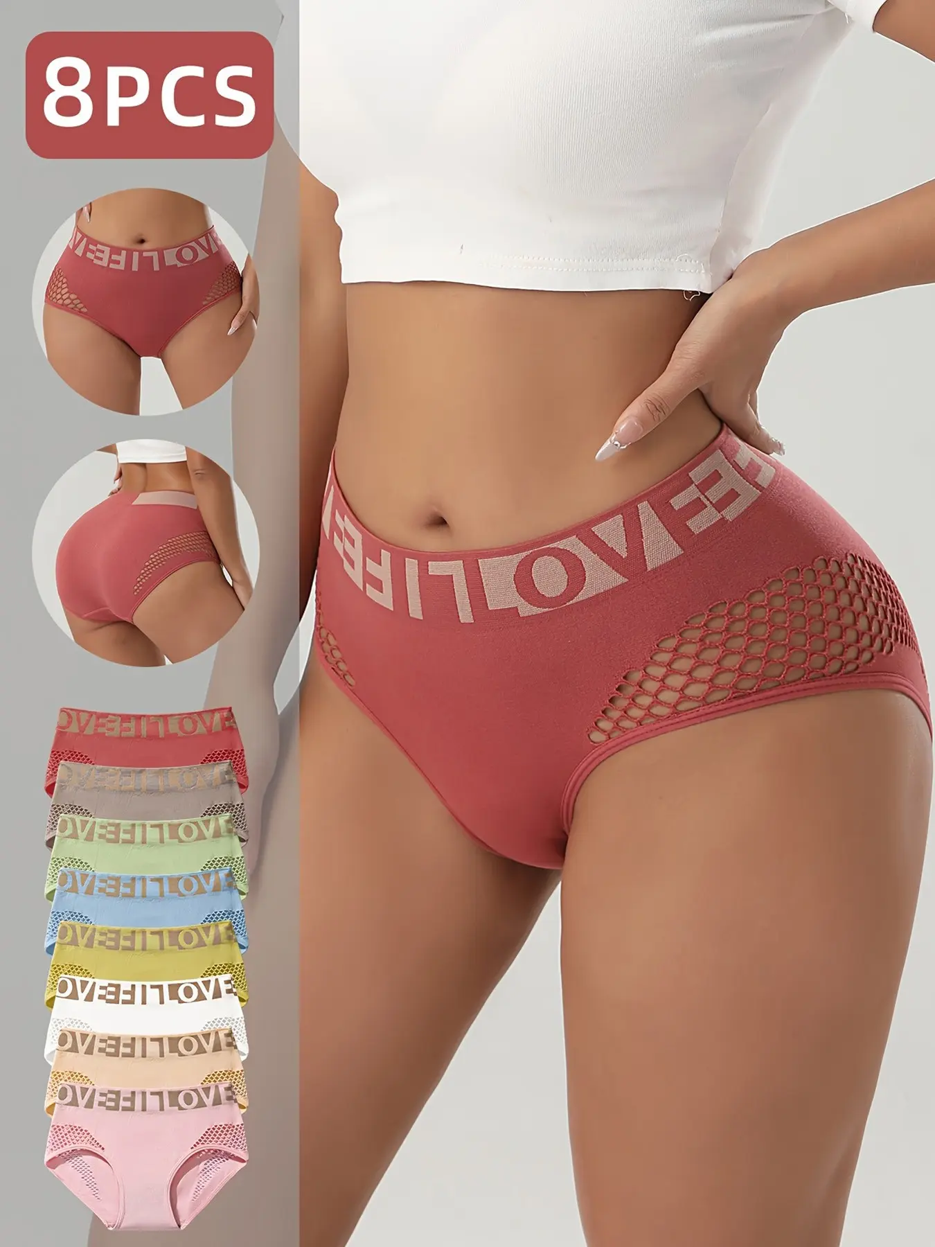 8PCS Women's Mid Waist Fit Briefs, Letter Print Breathable Mesh Panties, Stretchy Seamless Underwear, Multi Color Pack for Daily