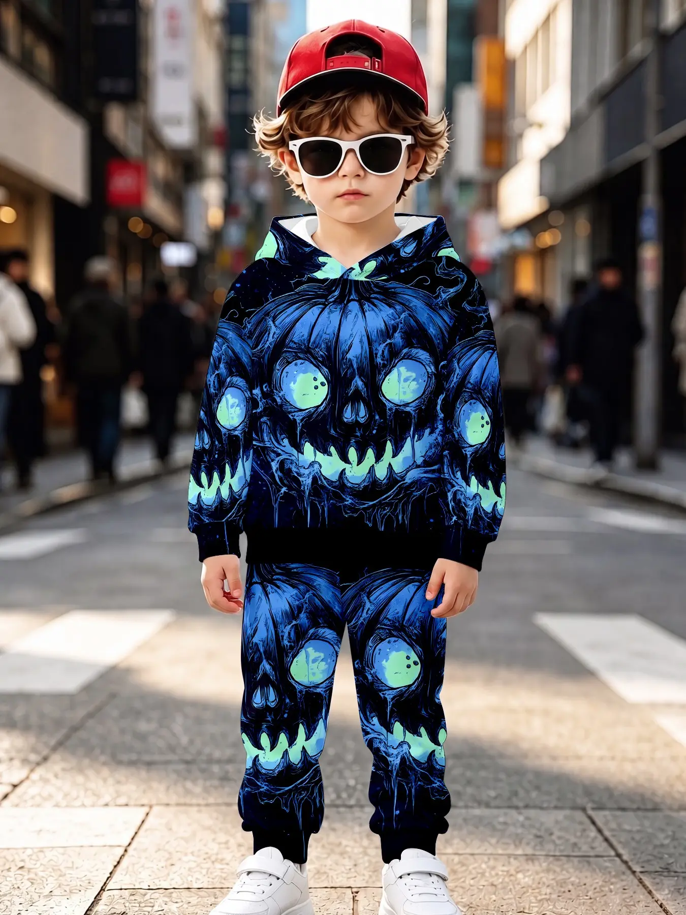 Boys' Blue Halloween Pumpkin Head Hoodie Set, Casual Long Sleeve Sweapants, Loose-Fitting, Fall & Winter Fashion