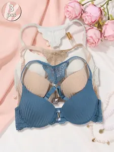 Delicate Lace Trim Front Closure Bra. Y-Back Racerback Design, Underwire Strong Support, Striped Cups For Shaping, Adjustable Straps, Easy Wear, Sexy And Comfortable.