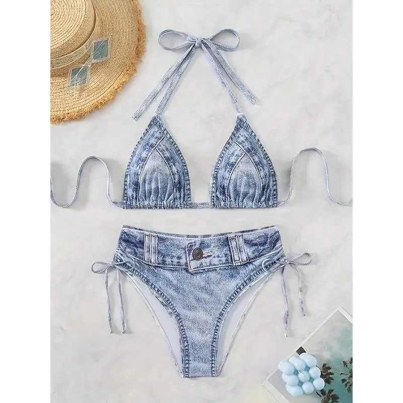Light Wash Denim Print Halter Triangle Side Tie Bikini Set