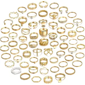 68 Pcs Gold Knuckle Rings Set for Women, Stackable Boho Joint Finger Midi Rings Silver Hollow Carved Crystal Stacking Ring Pack for Gift