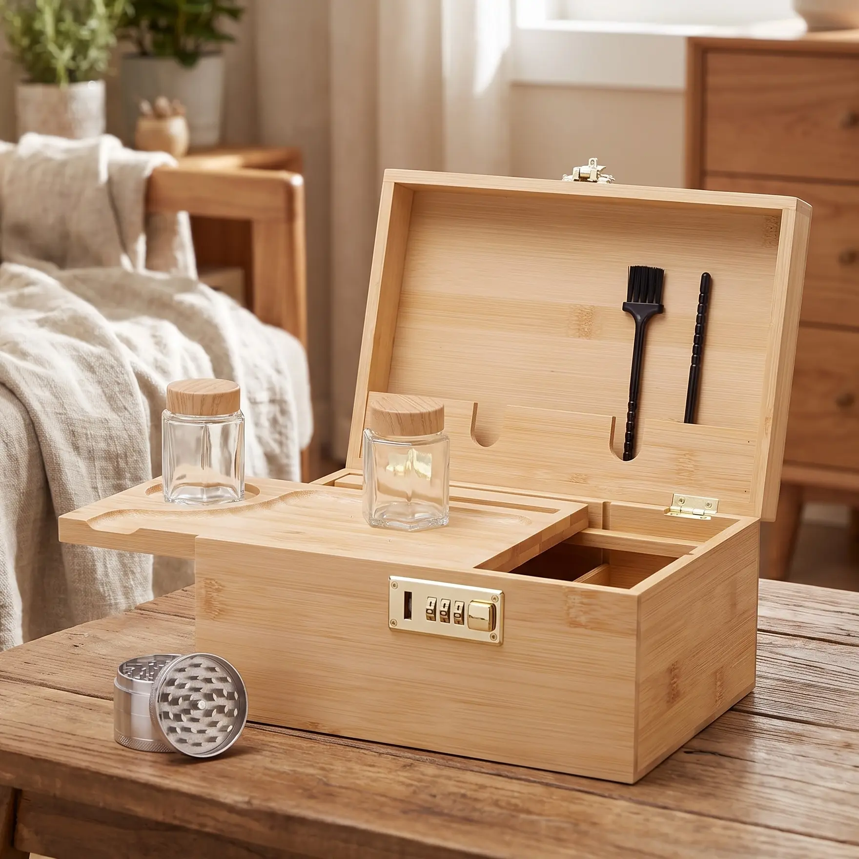 Large bamboo box, locked storage decorative box with combination lock, wooden lock box with lid, locked storage box with removable tray and jars| Natural bamboo organizer with adjustable dividers, removable rolling tray and jars for organized