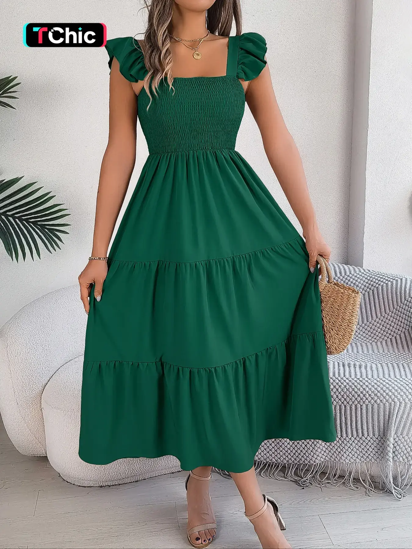Women's Plain Ruffle Hem Shirred Tiered Layer A Line Dress, Casual Boho Lounge Dress Butterfly Sleeve Square Neck Long Dress for Summer, Ladies Clothes for Beach Holiday Vacation, Casual Dresses, Womenswear