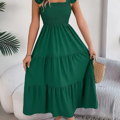 Women's Plain Ruffle Hem Shirred Tiered Layer A Line Dress, Casual Boho Lounge Dress Butterfly Sleeve Square Neck Long Dress for Summer, Ladies Clothes for Beach Holiday Vacation, Casual Dresses, Womenswear