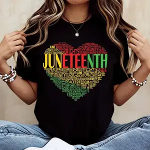 Juneteenth Heart Word Art Print T Shirt White Crew Neck Casual Loose Fit For Everyday Wear And Outdoor Activities