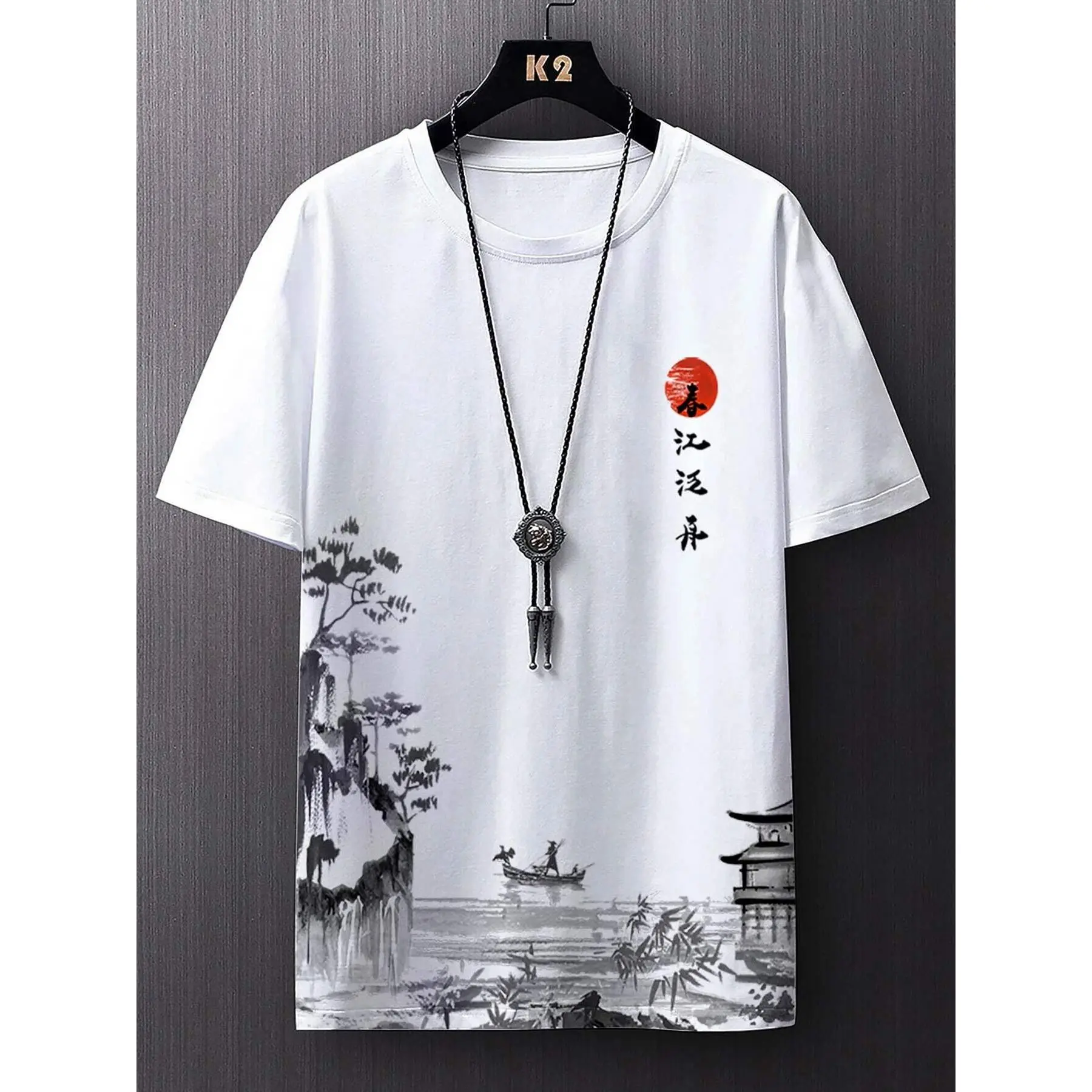 Men's Ink Painting Landscape Print T-shirt - Menswear Round Neck Shortsleeve, Polyester Fabric, People-Natural Scenery-Text Design, Comfortable Casual Versatile Top