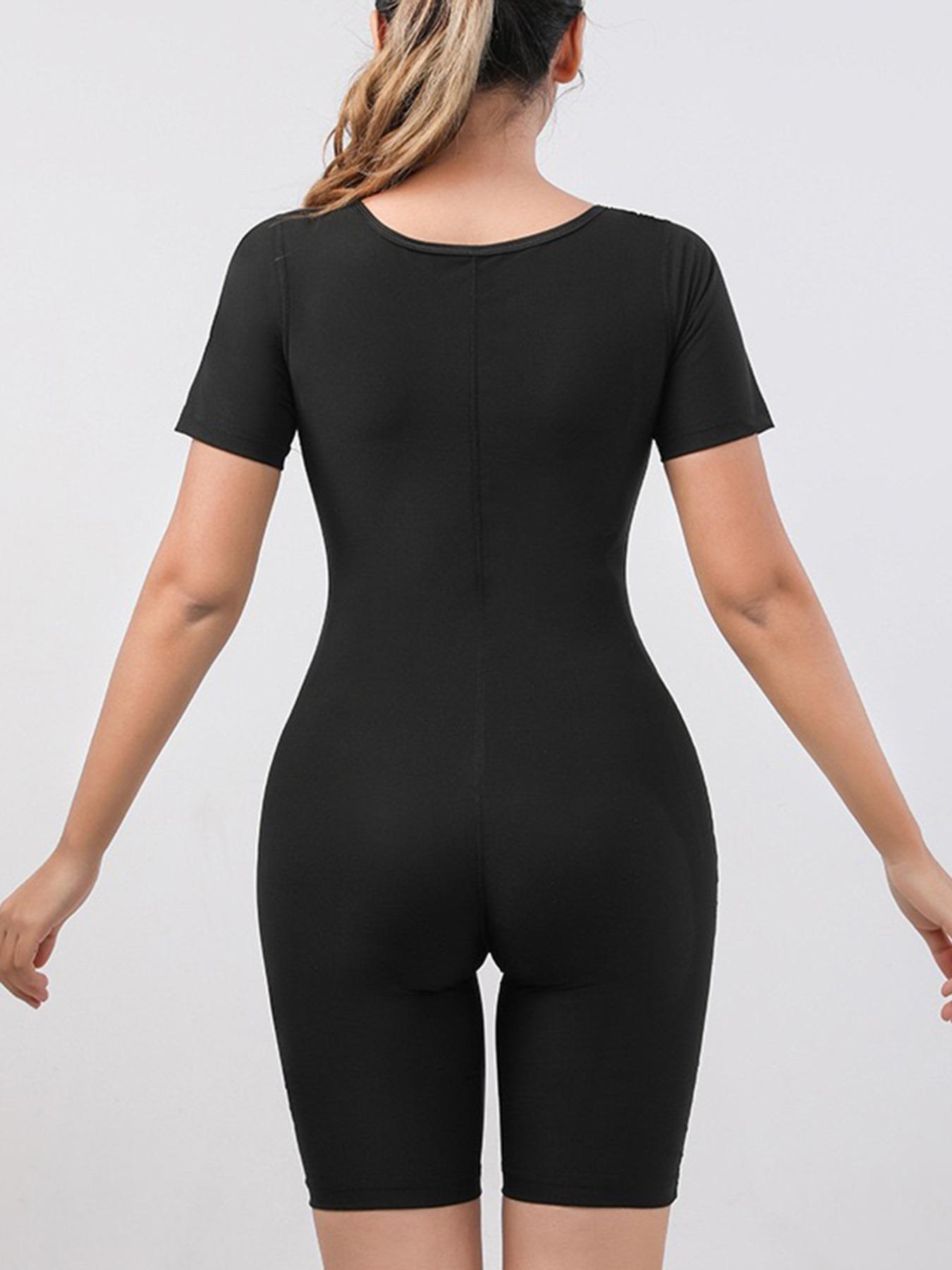 Women's Plain Zip Front Sports Shapewear Romper, Summer Clothes, Sporty Tight-fit Tummy Control Short Sleeve Shapewear Jumpsuit, Ladies Sauna Clothes for Workout Gym Exercise Fitness, Fitness Sport Outfits, Womenswear