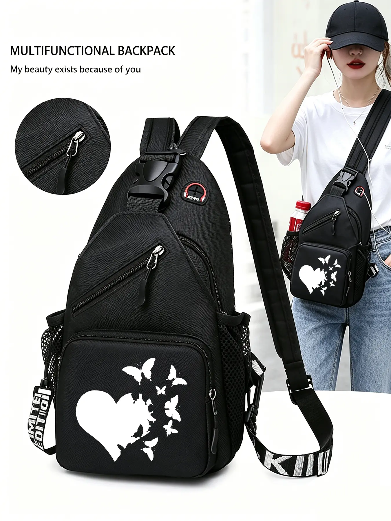 Love Heart Butterfly Patterned Convertible Crossbody Bag/backpack, Multi-functional Chest Bag with Convertible Zippered Shoulder Strap, Multiple Pockets, Suitable for Travel, Sports, and Daily Commuting