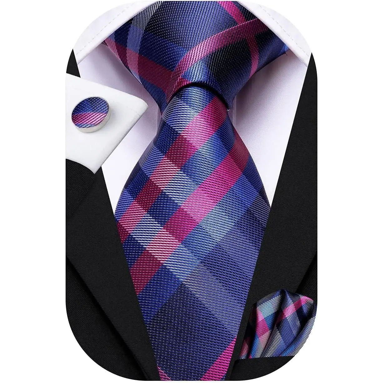 Mens Plaid Ties Classic Paisley Necktie with Handkerchief Cufflinks Set Business Stripe Tie