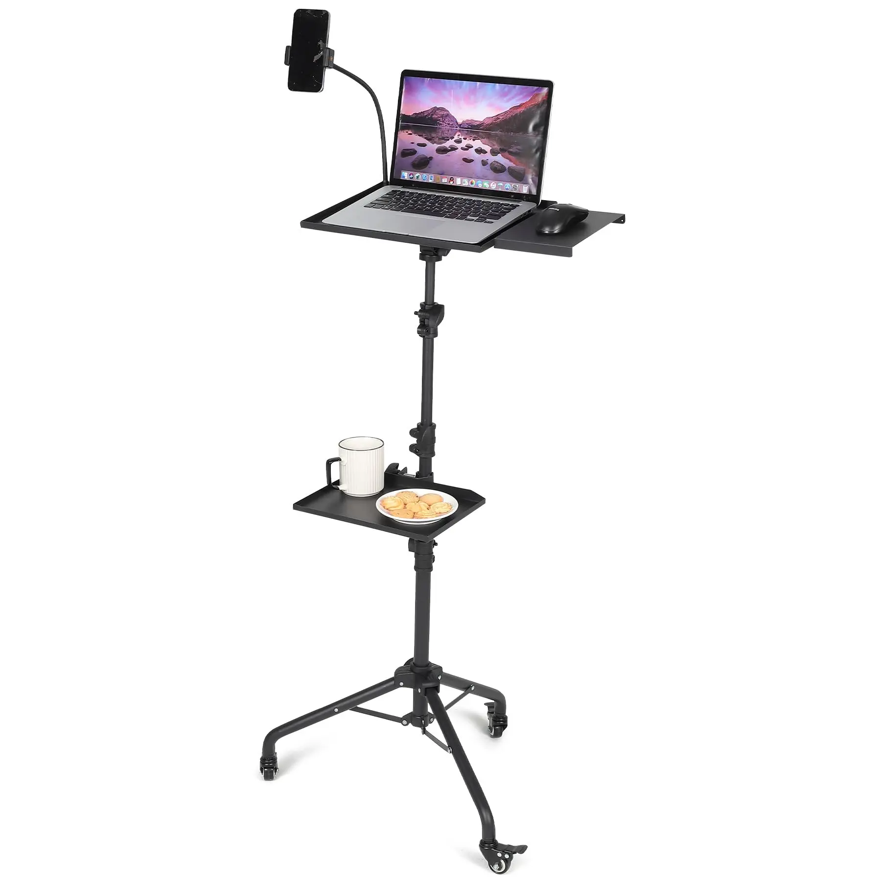 Projector Tripod Stand with Rolling Wheels, Adjustable Height 23-49 Inch Laptop & Projector Tripod with 2 Shelves, Mouse Tray and Phone Holder, Portable Multi-Function Stand for Home & Office