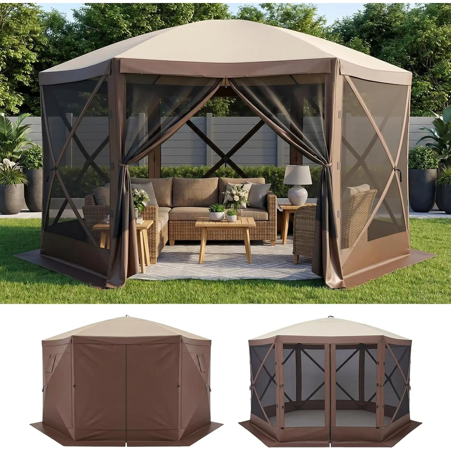 Aoxun 6-Sided 12x12 ft Quick Deploy Pop-Up Gazebo Tent - Oxford Fabric Brown Outdoor Patio Shelter with Ventilated, Water Resistant Canopy, Mesh Windows, Ground Stakes, Carry Bag, Portable for Backyard, Camping, Ventilated Canopy