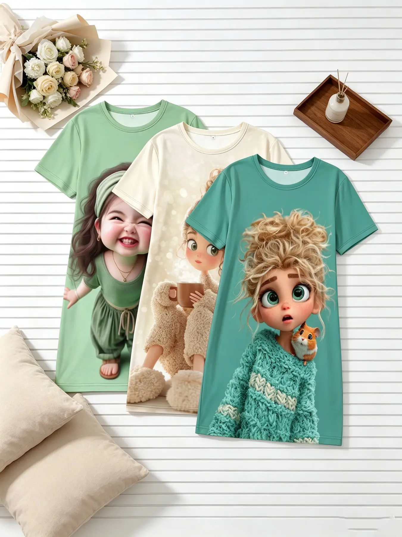 Women's Nightgowns 3 Piece Matching Bundle Warm Cozy Aesthetic 3D Cartoon Girl Hamster Print Summer Sweet Comfort Style Short Sleeve Crew Neck Silky Soft Breathable Lightweight Sleep Shirt Dress Home Sleepover Lounge Wear