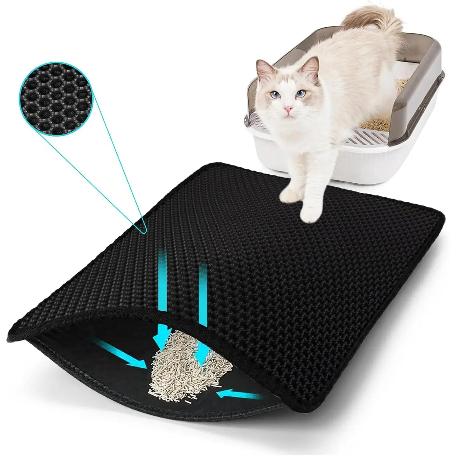 Double Layer Cat Litter Mat, Waterproof Honeycomb Litter Trapping Pad, Anti-Slip EVA Floor Protector, Easy Clean & Durable Spill Control for Hardwood Floors, 24x16 Inches