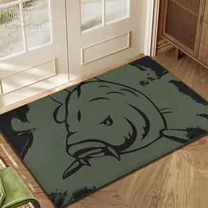 Vintage Catfish Graphic Velvet Area Rug Olive Green Camo Style Non Slip Floor Mat Fishing Lover Front Entry Home Decor Carpet