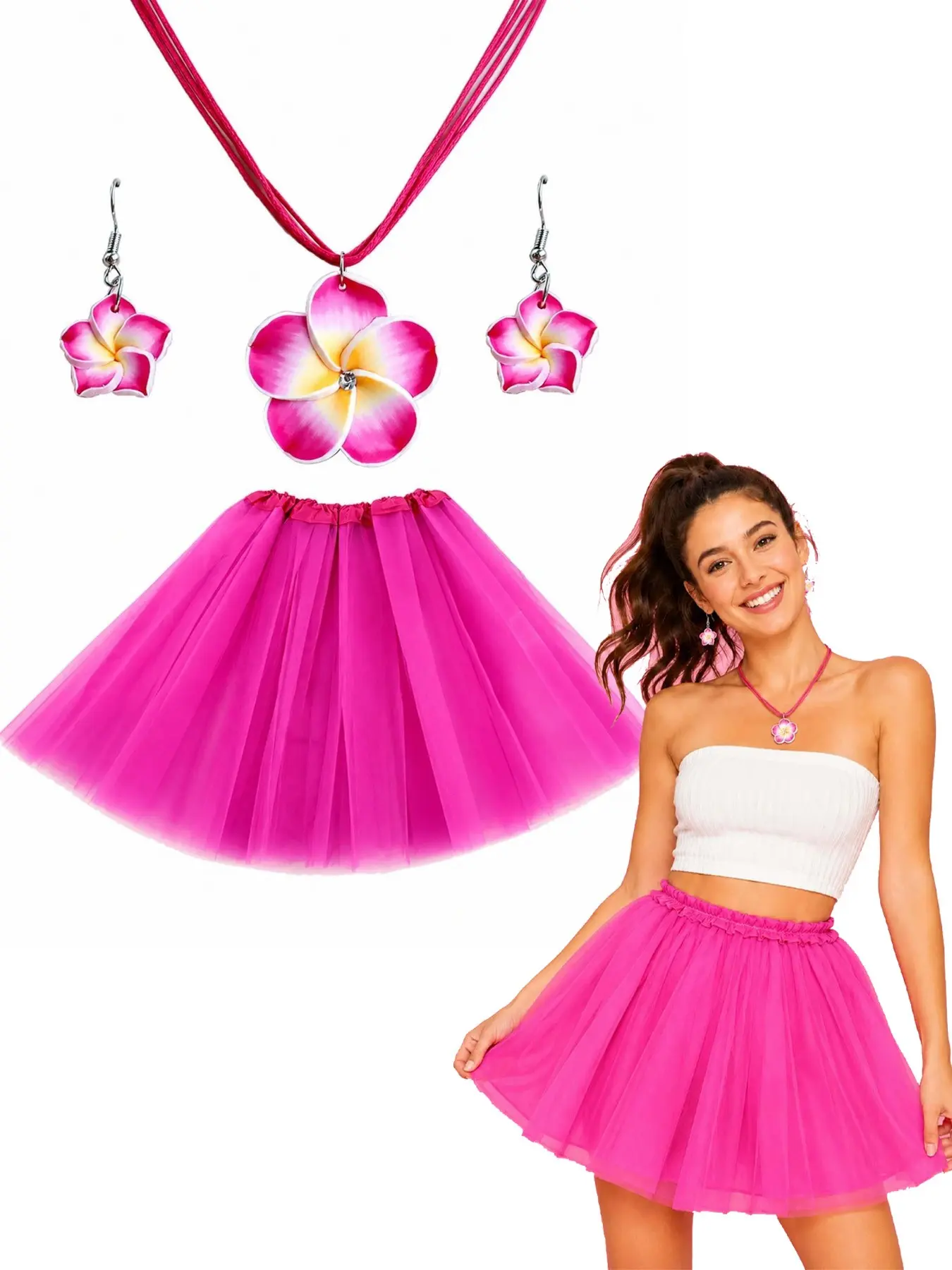 Women's Tutu Costume Accessories Set, Layered Tulle Skirt with Floral Necklace and Earrings, Cute Preppy Y2K Party Festival Cosplay Outfit, 6 Colors Available