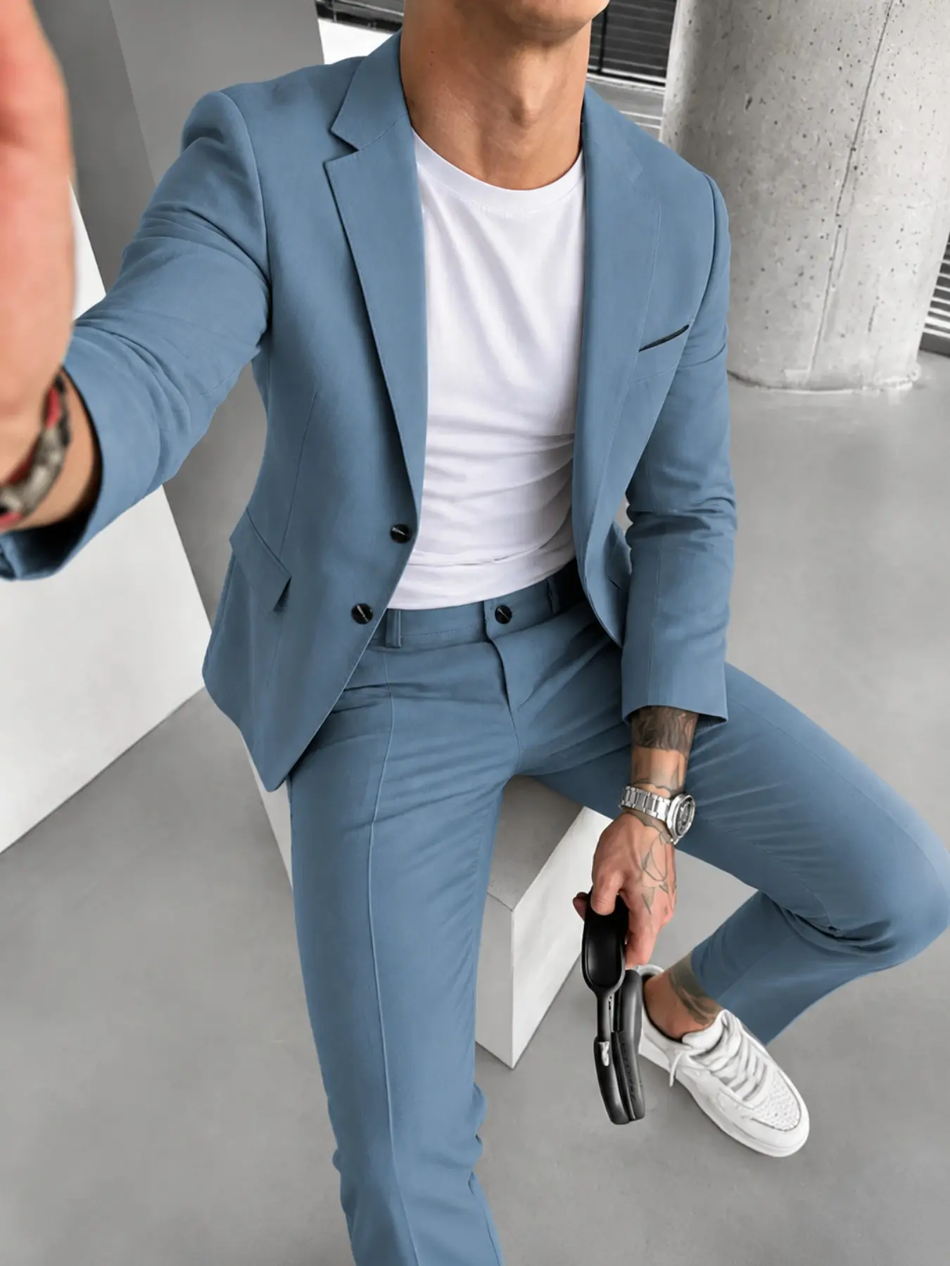 Men's Light Blue Slim Fit Suit Set, Premium Textured Polyester Blazer and Pants, Modern Gentlemen Style for Weddings, Parties, Dates