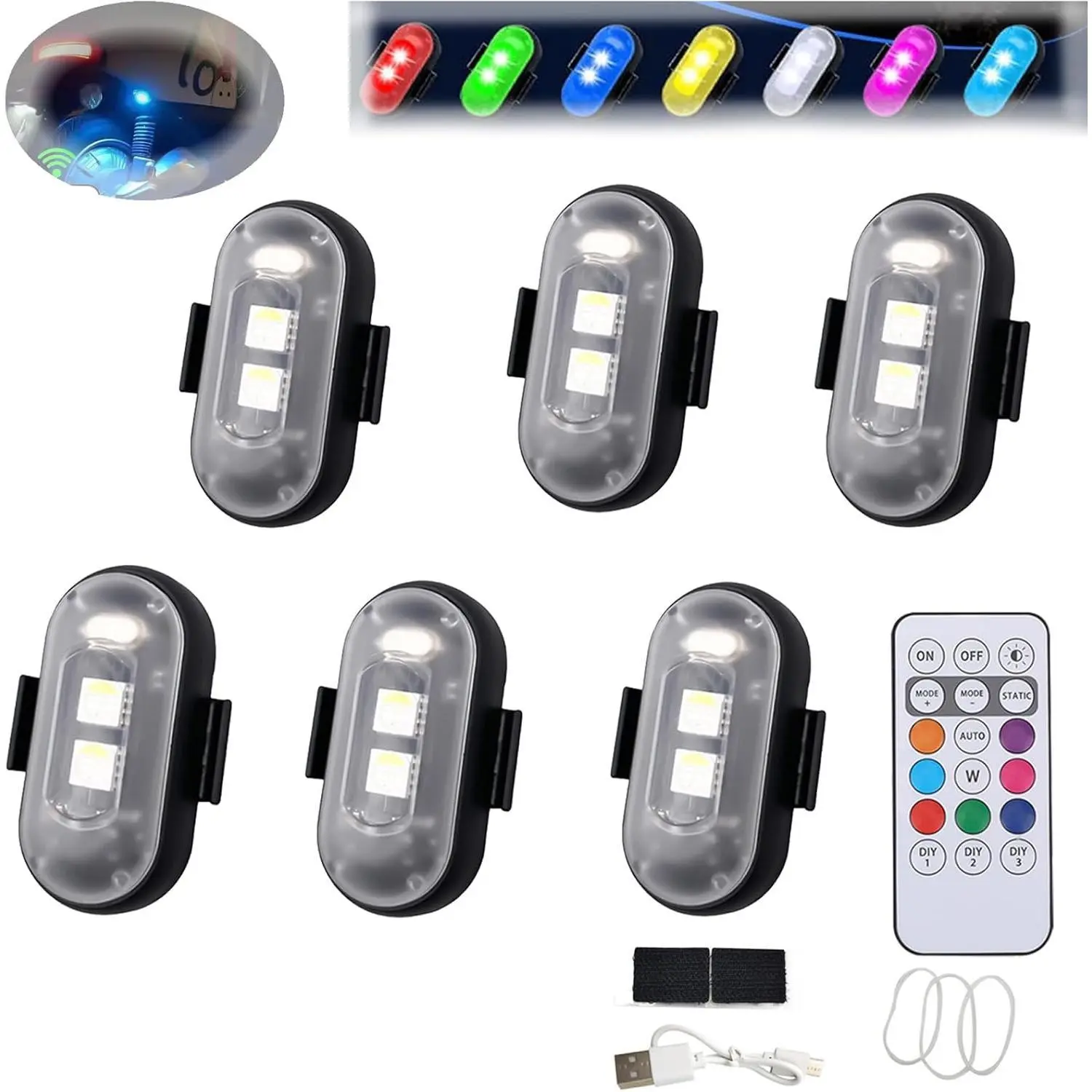 [2026] Summer LED Lights for Car, Remote Control Strobe Light, Drone Strobe Light, LED Anti-Collision Lights for Car, Motorcycle, Drone, Bike (6pcs)