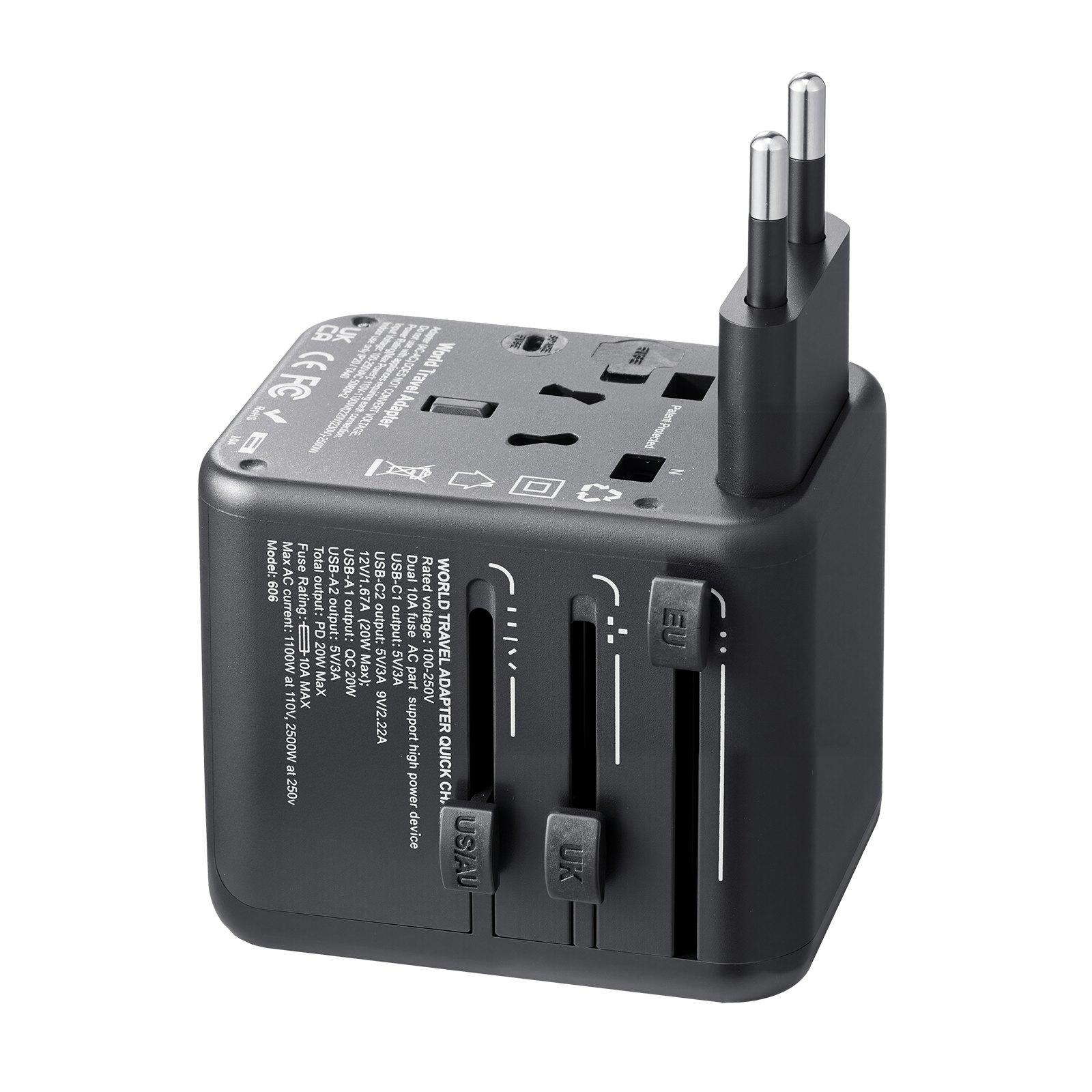 VEVOR Universal Travel Adapter, 5-in-1, International European Power Adapter with 2 USB-C, 2 USB-A Ports, 1 AC Outlet, 4 Different Plugs, Worldwide Plug Adaptor Wall Charger, for Europe UK EU AUS USA