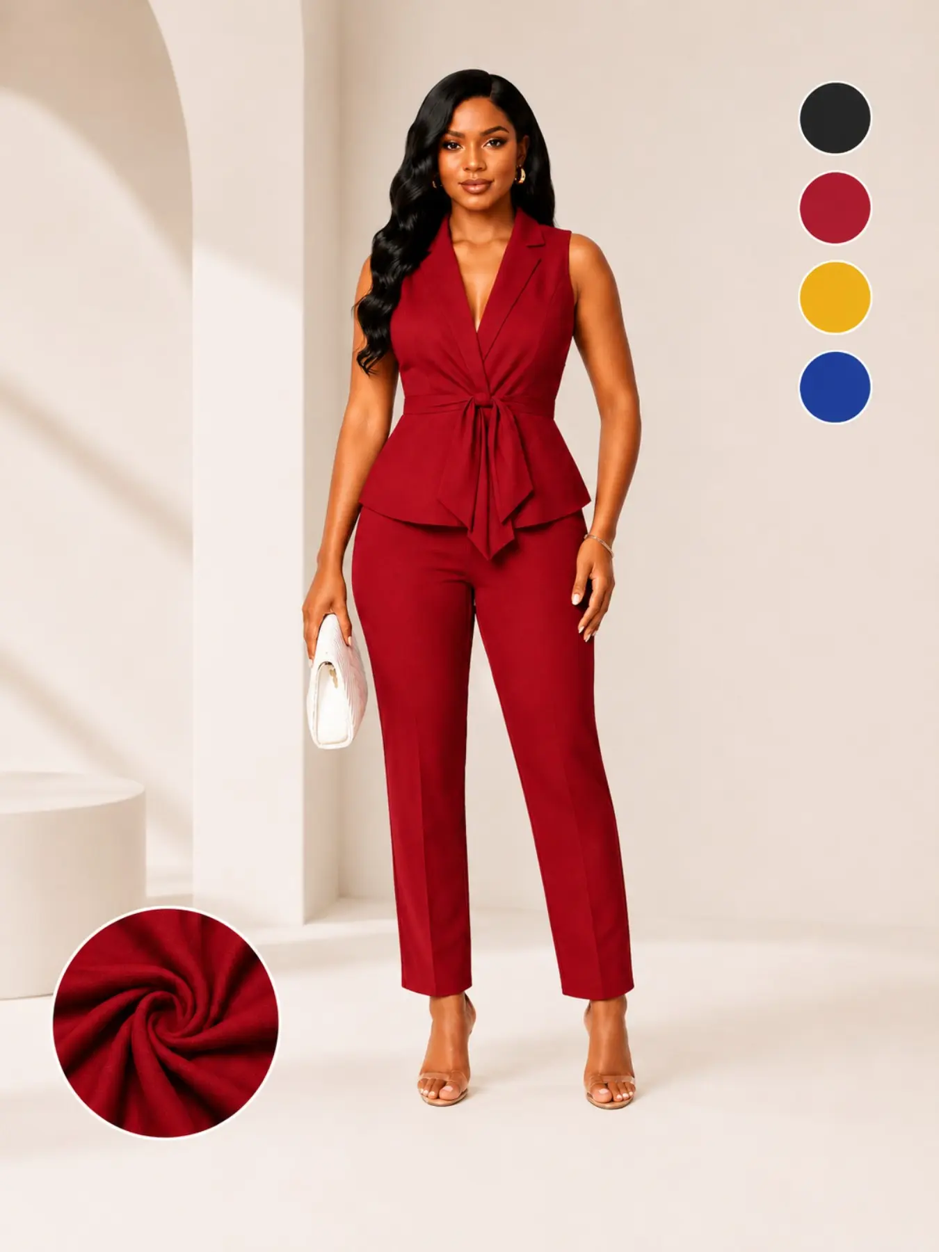 Women Elegant Sleeveless Lapel Blazer Vest Waist Tie Belted 2 Piece Pants Set, V Neck Wrap Front Matching Ankle Trousers Suit
