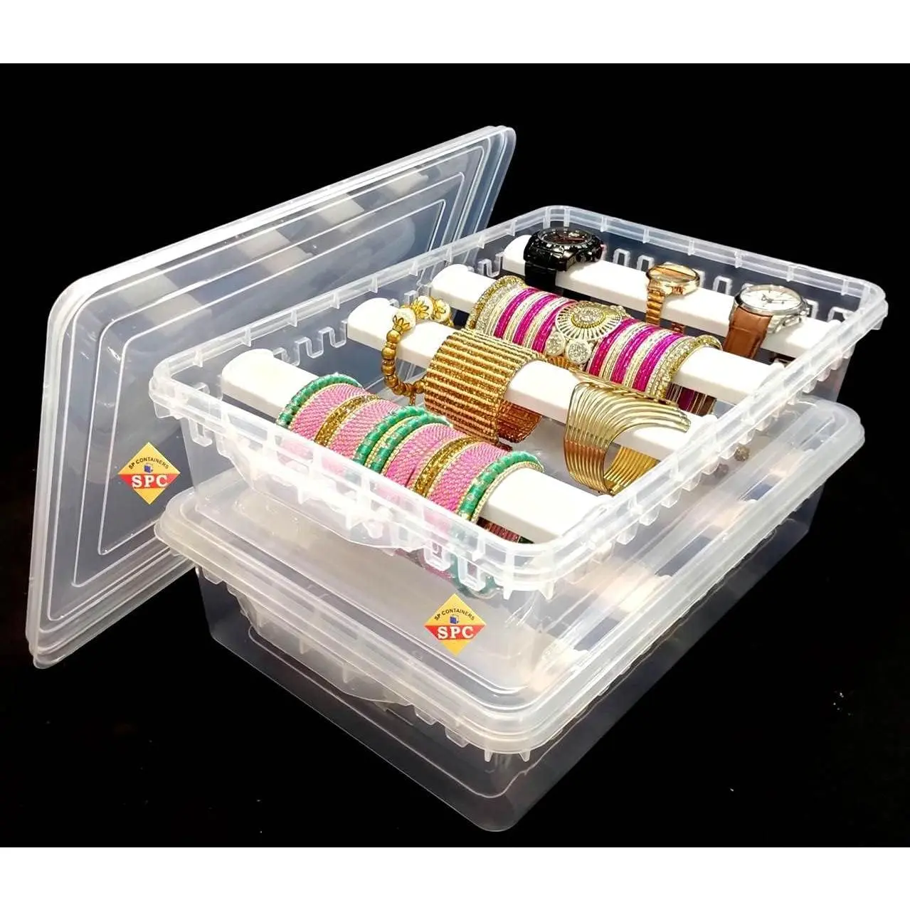 SPC Plastic adjustable 4 rod Bangle Box Chudi Set Organizer Jewellery Storage Display Box for Bangles Chudi Bracelet Wrist Watch Hair Bands Scrunchies Accessories, Transparent (2)