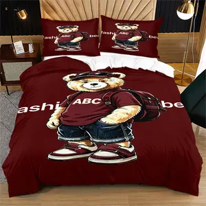 Fashionable teddy bear printed pattern soft and durable bedding duvet cover set, including 1 duvet cover and 1 or 2 pillowcases, without a core or pillow, suitable for children or adults as gifts, modern style fashionable bedroom bed decoration