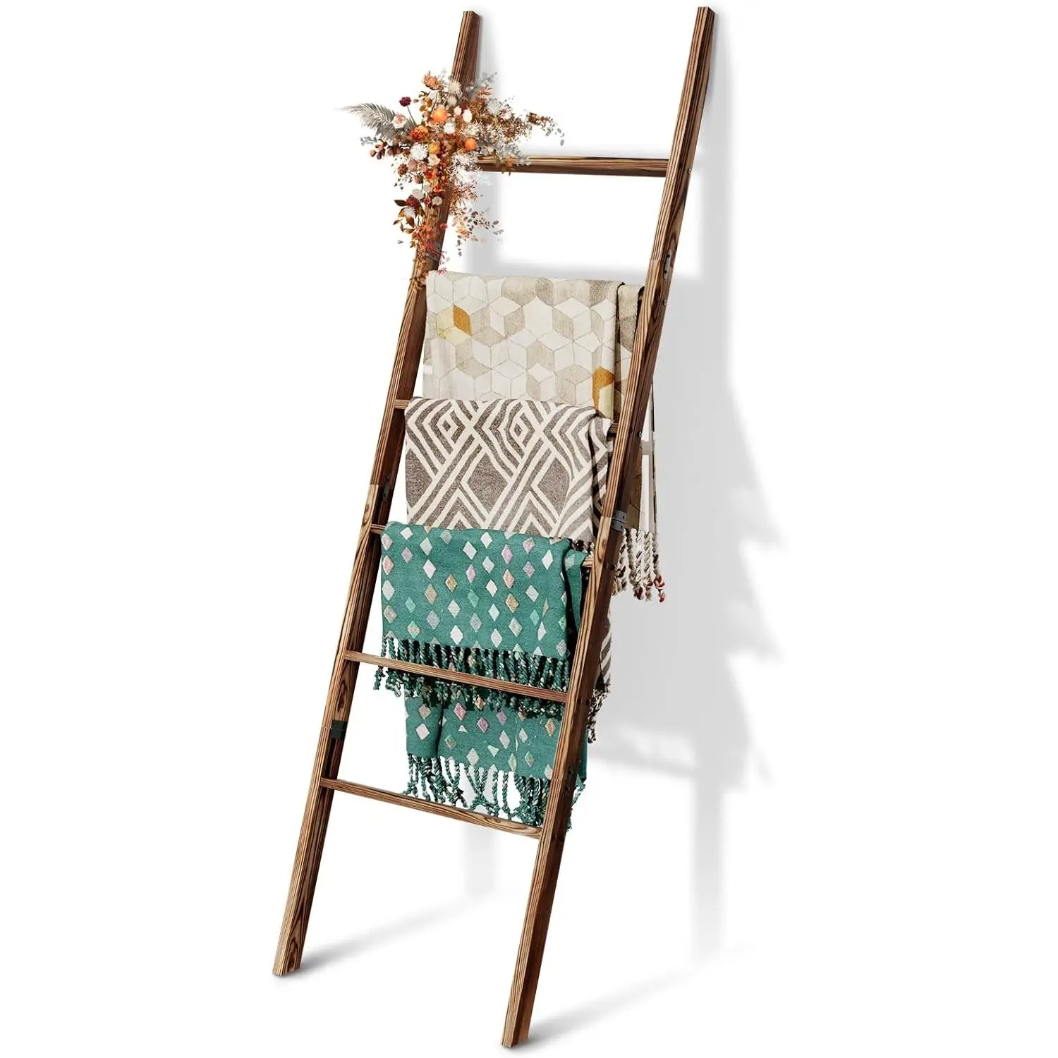 6-Tier 5.7FT Brown Wooden Blanket Ladder - Easy Assembly Rustic Farmhouse Decorative Quilt Towel Holder Rack Ladder Shelf for Living Room Bedroom Bathroom Home Decor